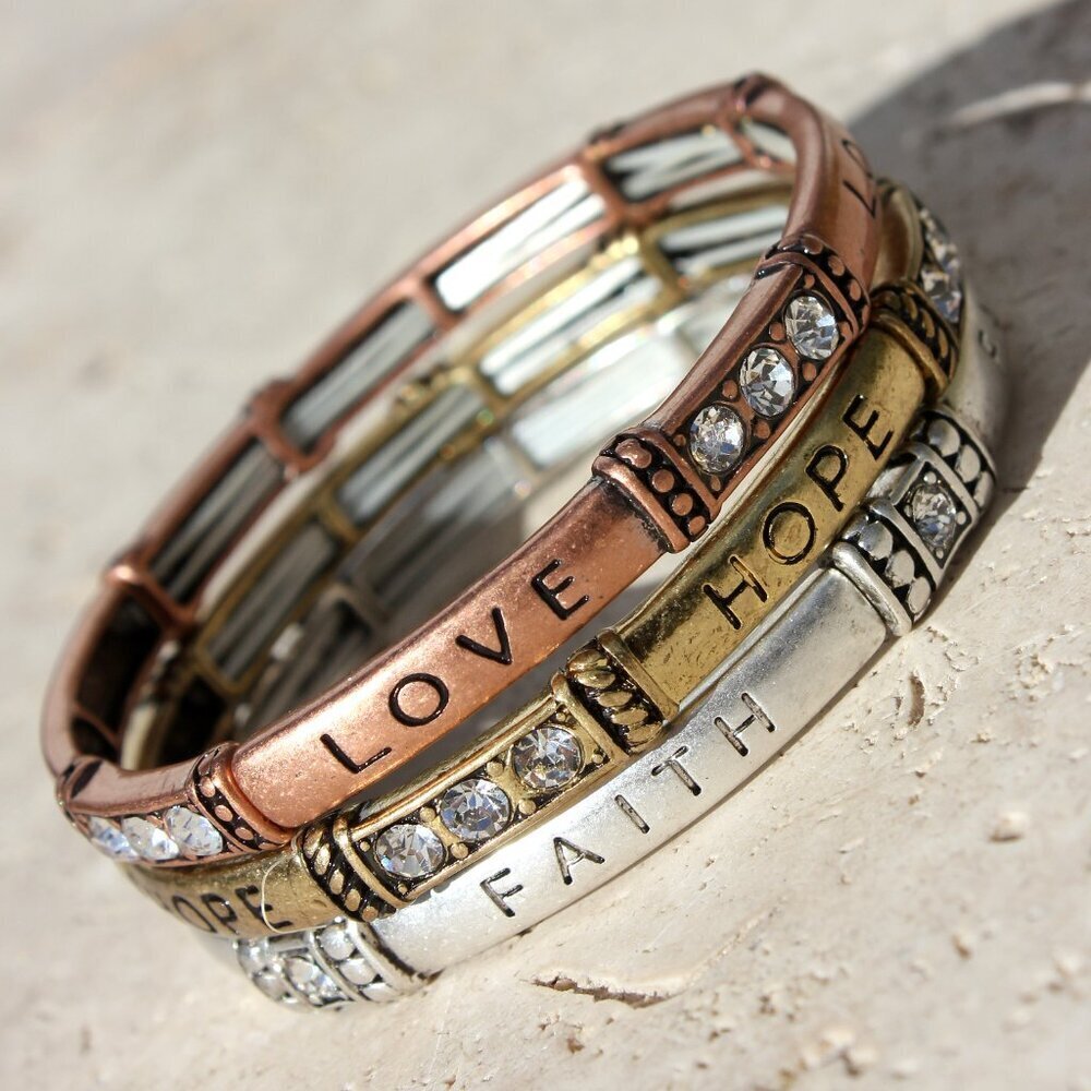 Womens Ladies FAITH HOPE LOVE Clear Crystal Tritone Stretch Bracelet Set of 3